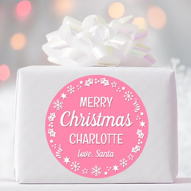 Christmas Santa Custom Name Pink Classic Round Sticker (Creator Uploaded)