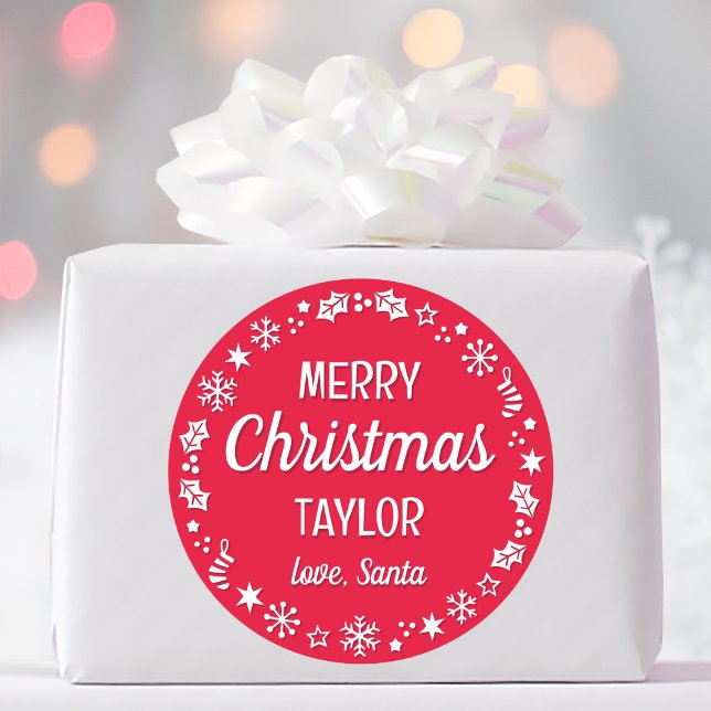 Christmas Santa Custom Name Red Classic Round Sticker (Creator Uploaded)