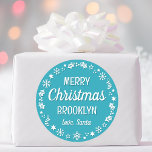 Christmas Santa Custom Name Teal Classic Round Sticker<br><div class="desc">Make Christmas extra special with these 'Love,  Santa' stickers,  personalised with the recipient's name. A stylish template,  featuring a festive border with snowflakes,  holly,  holiday stockings and stars. Custom stickers make a wonderful addition to your gift wrap,  envelopes,  party favours,  and more! Colours: blue-green teal and white.</div>