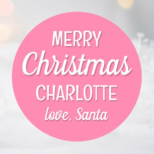 Christmas Santa Custom Name Typography Pink Classic Round Sticker
