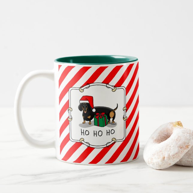 Christmas Santa Dachshund (S black & tan) Cute Two-Tone Coffee Mug (With Donut)