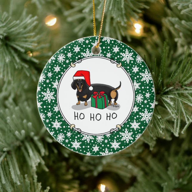 Christmas Santa Dachshund (S black & tan) Funny Ceramic Ornament (Tree)