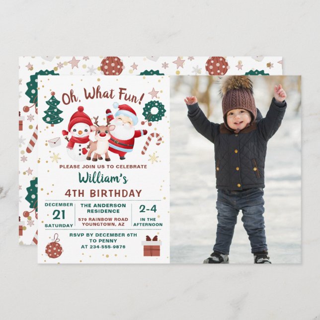 Christmas Santa Deer Snowman Winter Birthday Photo Invitation (Front/Back)