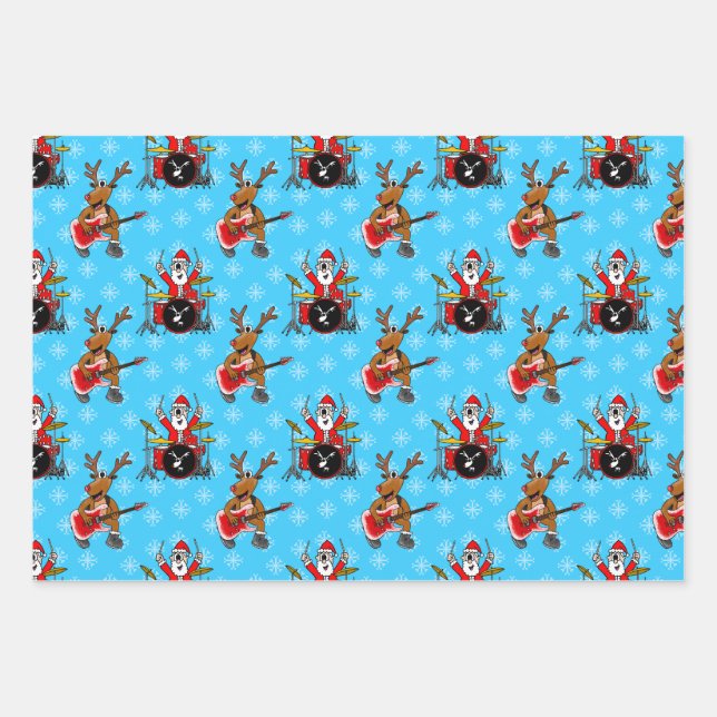 Christmas Santa Drums Rudolf Guitar Pattern Wrapping Paper Sheet (Front)