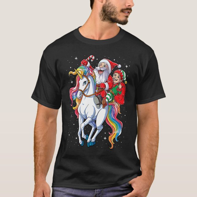 Christmas Santa Elf Riding Unicorn Xmas  Girls Wom T-Shirt (Front)