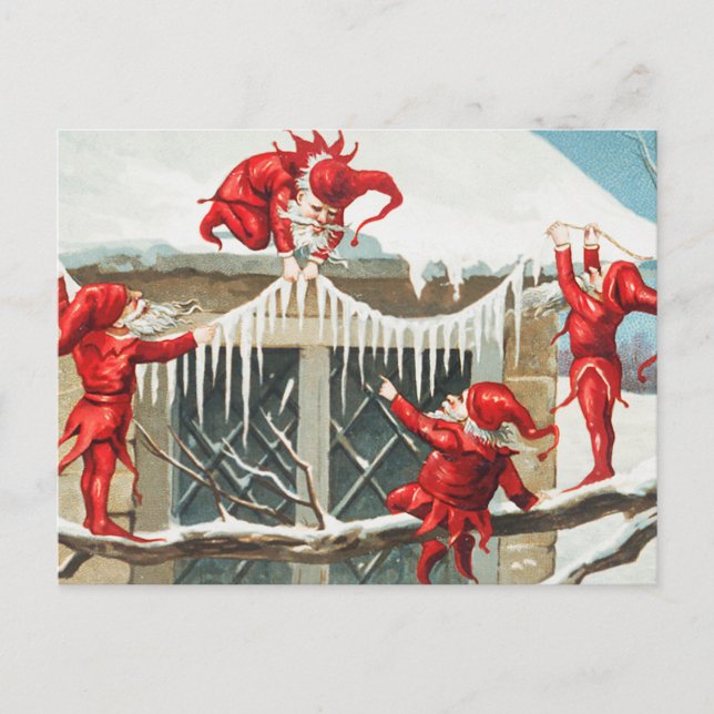 Christmas Santa elves decorating their home Holiday Postcard (Front)