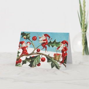 Christmas Santa Elves Painting Berries on Leaves Holiday Card