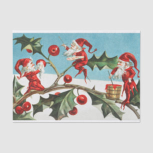 Christmas Santa Elves Painting Berries on Leaves Tissue Paper