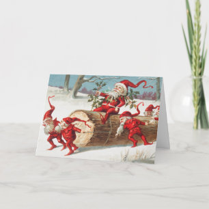 Christmas Santa elves sliding on a log Holiday Card