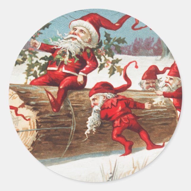 Christmas Santa elves sliding on a log Holiday Classic Round Sticker (Front)