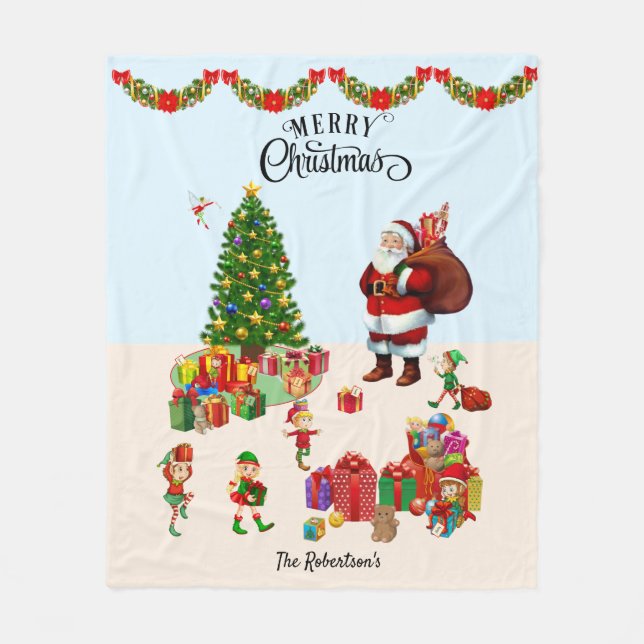 Christmas Santa & Elves with Presents Names Gift Fleece Blanket (Front)