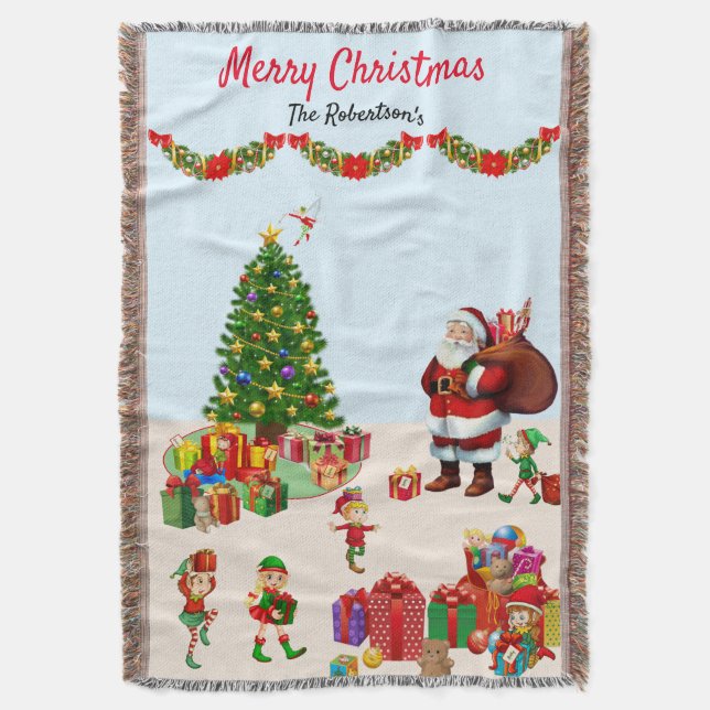 Christmas Santa & Elves with Presents Names Gift T Throw Blanket (Front Vertical)