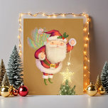 Christmas Santa Fairy Art Print<br><div class="desc">Jolly ol' elf Santa flies to the top of the Christmas tree and lights the tree topper with his magical fairy wand. Original illustration by Noël Snow</div>