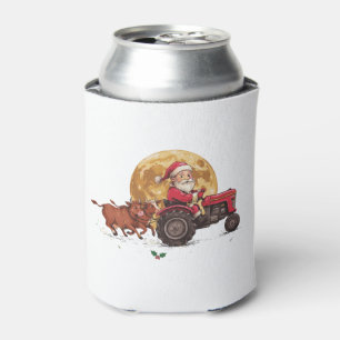 Christmas Santa Farm Tractor Cows Moon Xmas Can Cooler