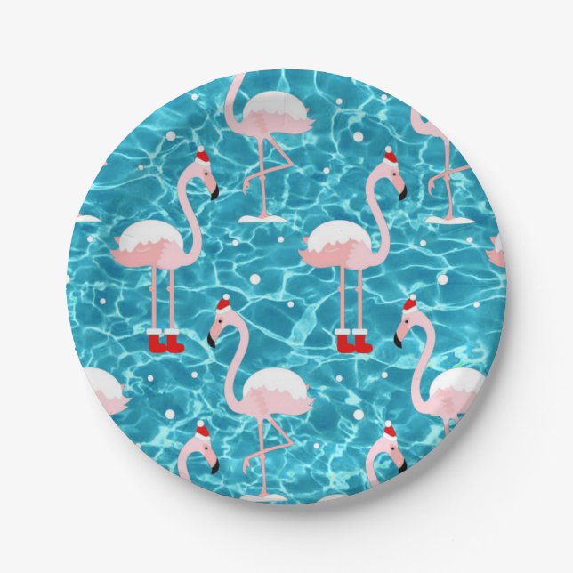 christmas santa flamingo paper plate (Front)