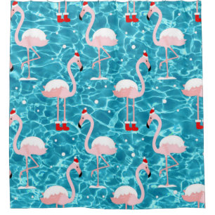 christmas santa flamingo shower curtain