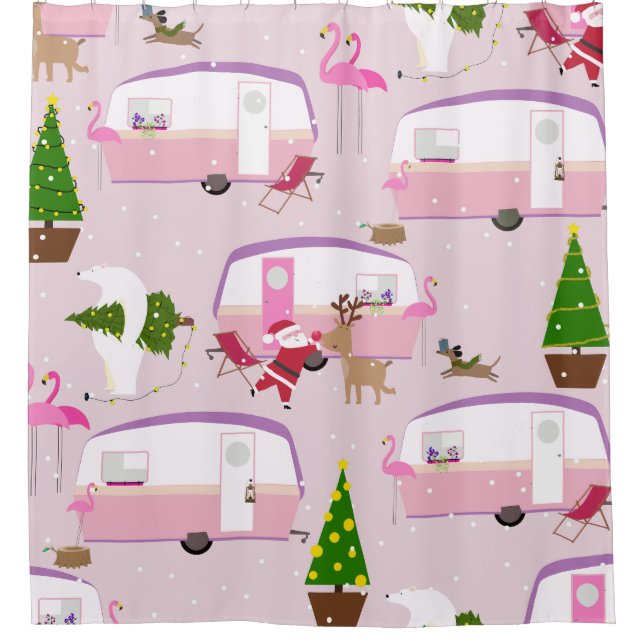 christmas santa flamingo trailer park shower curtain (Front)
