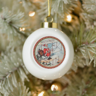 Christmas Santa flying a old aeroplane Ceramic Ball Christmas Ornament