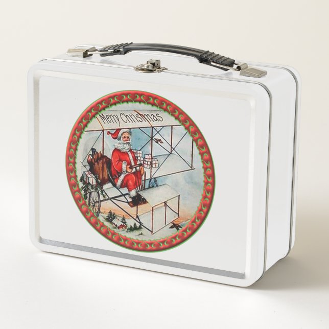 Christmas Santa flying a old aeroplane Metal Lunch Box (Front)