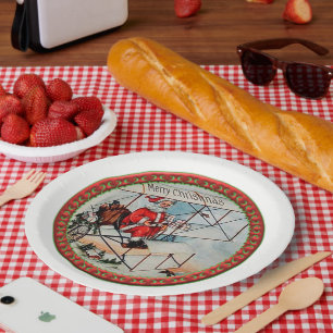 Christmas Santa flying a old aeroplane Paper Plate