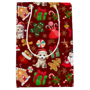 Christmas Santa Gingerbread Candy Pattern Red Medium Gift Bag