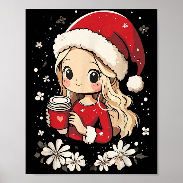 Christmas Santa Girl Coffee Flower Kids Santa Wome Poster (Front)
