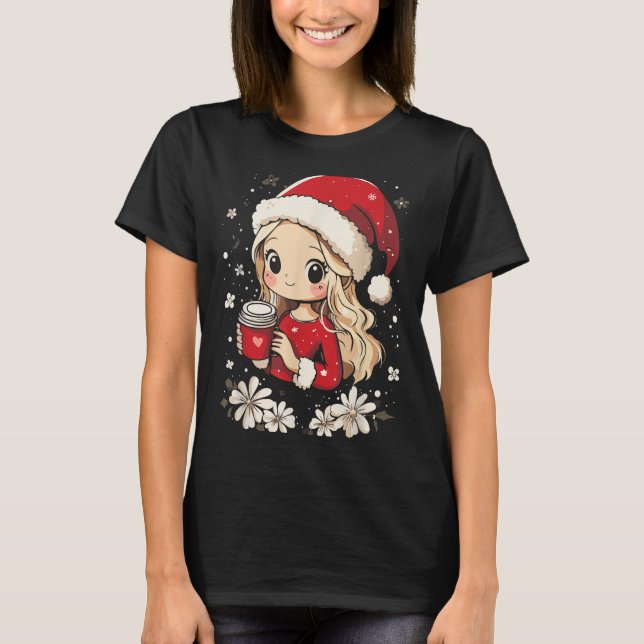 Christmas Santa Girl Coffee Flower Kids Santa Wome T-Shirt (Front)