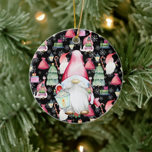 Christmas Santa Gnome & Black Pattern Name & Date Ceramic Ornament (Tree)
