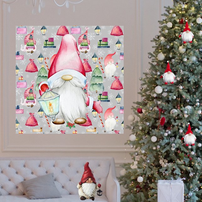 Christmas Santa Gnome & Silver Pattern Background Poster (Christmas Santa Gnome & Silver Pattern Background Poster)