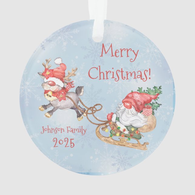Christmas Santa Gnome with Reindeer Holiday  Ceram Ornament (Back)