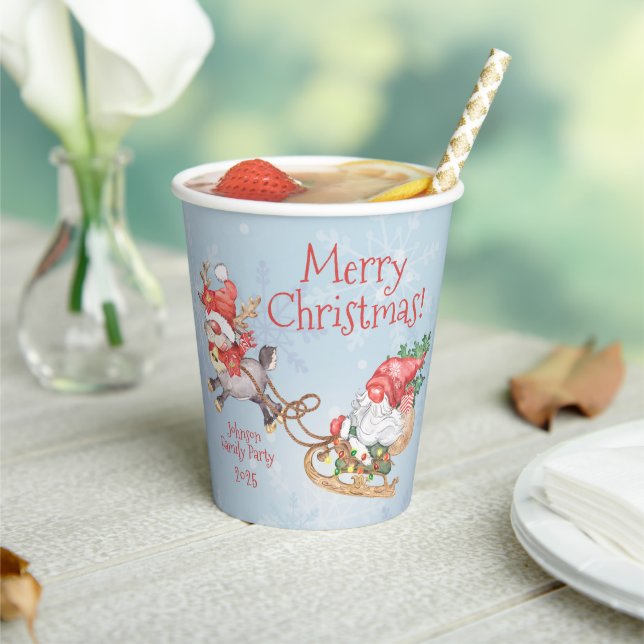 Christmas Santa Gnome with Reindeer Personalised Paper Cups (Insitu)