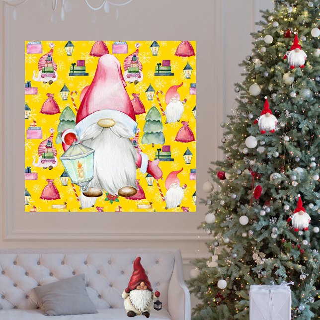 Christmas Santa Gnome & Yellow Pattern Background Poster (Christmas Santa Gnome & Yellow Pattern Background Poster)