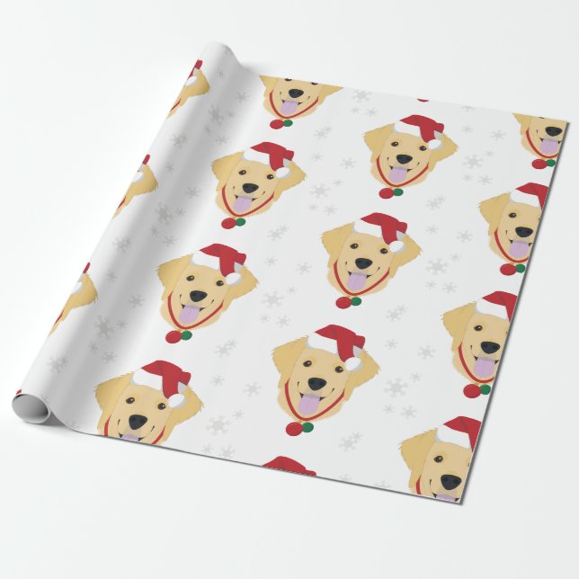 Christmas Santa Golden Retriever Dog White Wrapping Paper (Unrolled)