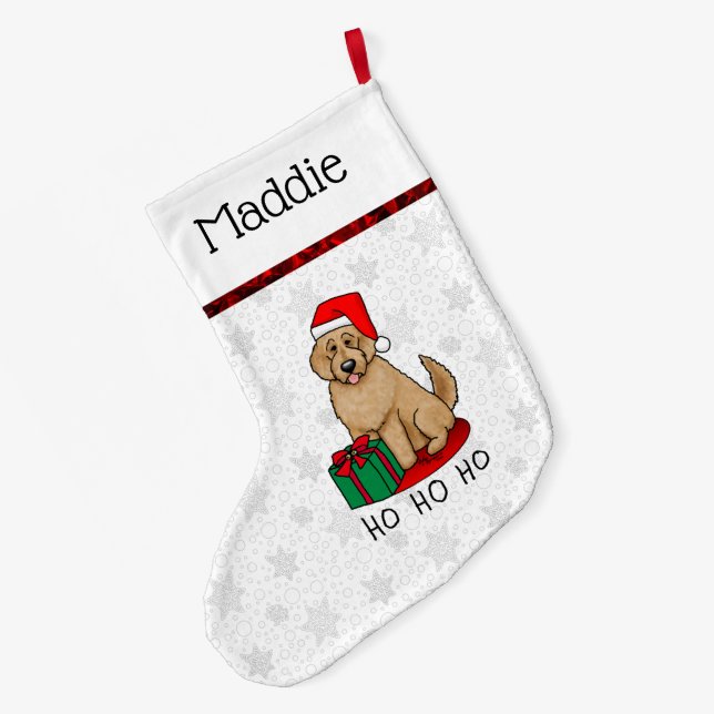 Christmas Santa Goldendoodle (golden red) Dog Cute Large Christmas Stocking (Back (Hanging))