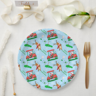 Christmas Santa Golfing With Reindeer Pattern  Paper Plate