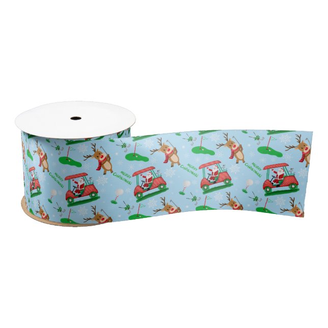 Christmas Santa Golfing With Reindeer Pattern  Satin Ribbon (Spool)