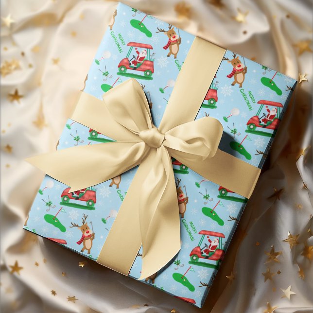 Christmas Santa Golfing With Reindeer Pattern  Wrapping Paper (Fore-tastic Christmas: Santa, Reindeer, and Golf, a hole-in-one wrapping delight!)
