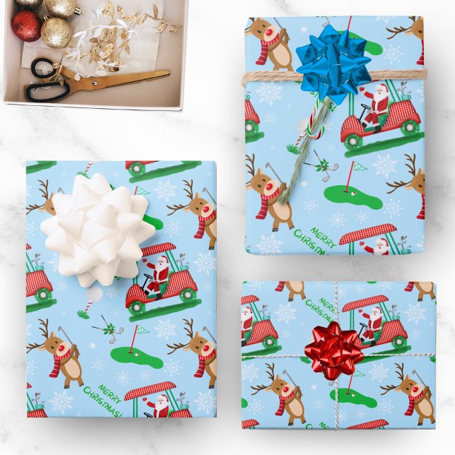 Christmas Santa Golfing With Reindeer Pattern Wrapping Paper Sheet (Santa's Playing Golf Wrapping paper for the golfer!)