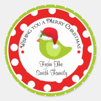 Christmas Santa Green Bird Classic Round Sticker