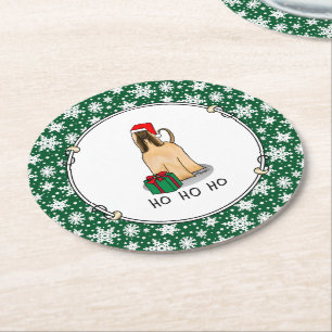 Christmas Santa Hat Afghan Hound Dog Fawn Cute Round Paper Coaster