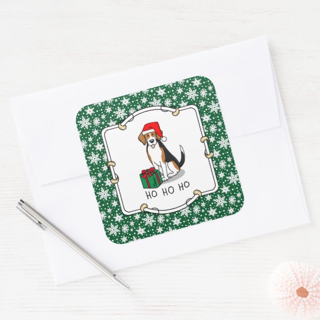 Christmas Santa Hat Beagle (tri colour 3) Dog Cute Square Sticker (Envelope)