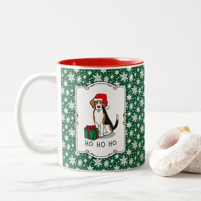Christmas Santa Hat Beagle (tri colour 3) Dog Cute Two-Tone Coffee Mug (With Donut)