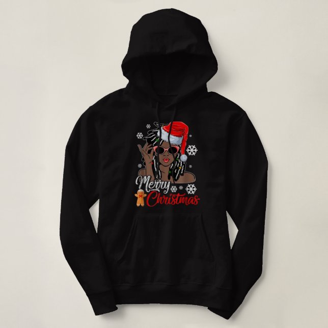 Christmas Santa Hat Black African Girl American Xm Hoodie (Design Front)