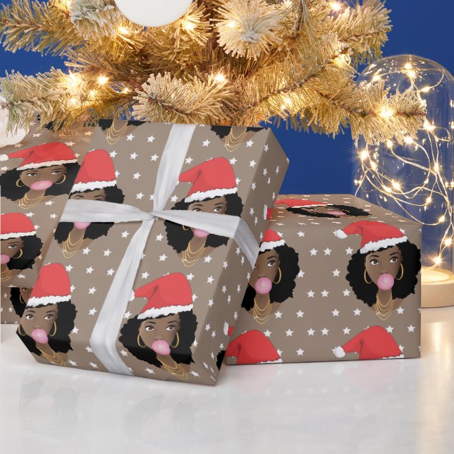 Christmas Santa Hat, Black Woman, Bubblegum, Stars Wrapping Paper (Holidays)