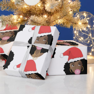 Christmas Santa Hat, Black Woman, Bubblegum Wrapping Paper