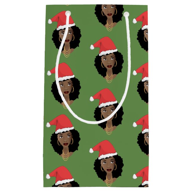 Christmas Santa Hat, Black Woman, Green Small Gift Bag (Front)