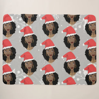 Christmas Santa Hat, Black Woman, Grey Sherpa Blanket