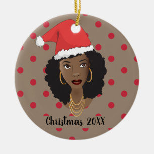 Christmas Santa Hat, Black Woman, Red Dots, Brown Ceramic Ornament
