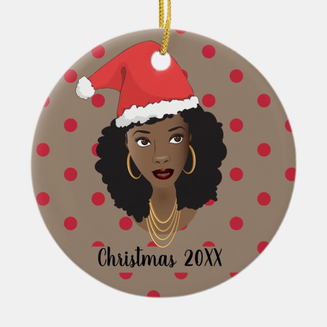 Christmas Santa Hat, Black Woman, Red Dots, Brown Ceramic Ornament (Front)