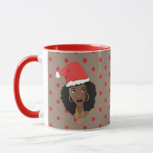 Christmas Santa Hat, Black Woman, Red Dots, Brown Mug